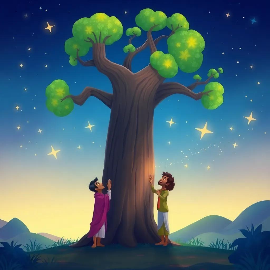 Salim helping a huge talking tree, surrounded by sparkling stars in the night sky, playful and magical, illustration, light-hearted and whimsical tone, vibrant colors, high quality