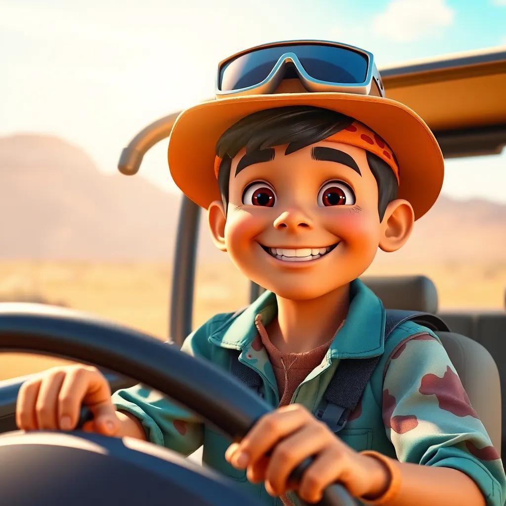 A cheerful boy, Sami, wearing adventure safari gear, grinning in a lively vehicle, in a sunlit safari landscape, digital art, vibrant colors, warm atmosphere, joyful expression
