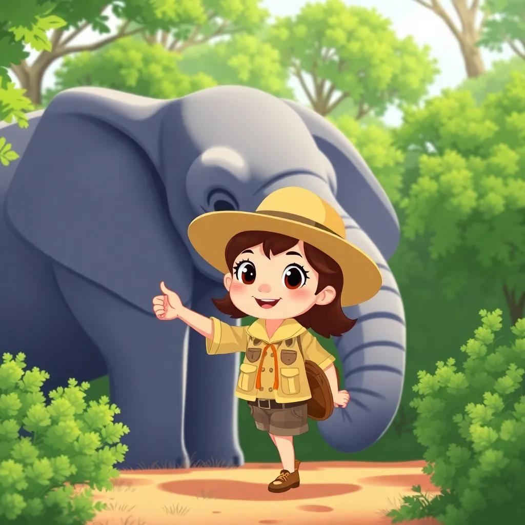A curious girl, Leila, wearing a safari hat and playful outfit, pointing at a big elephant in the wild, surrounded by green bushes, illustration, cheerful, nature-themed, colorful