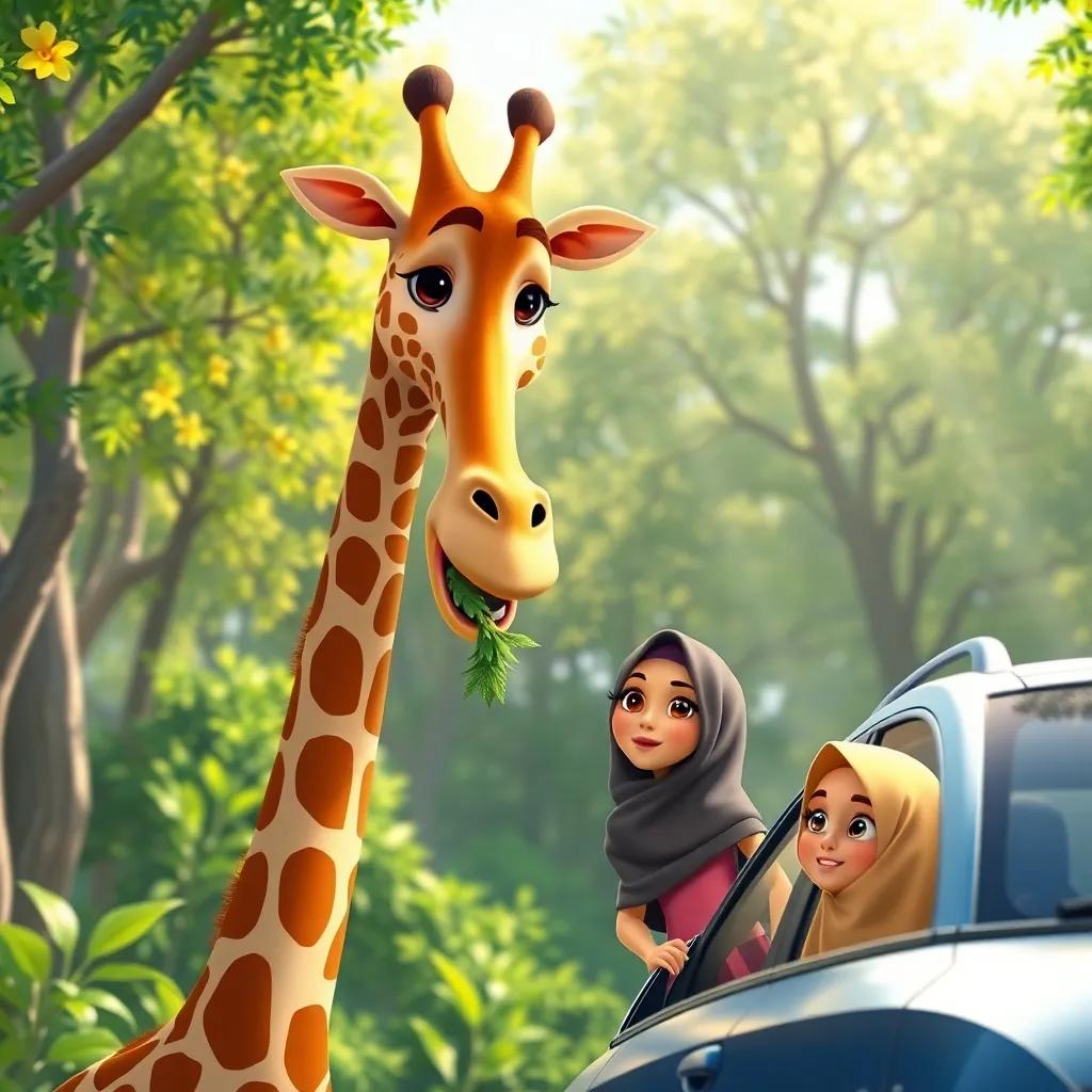 A tall giraffe munching on leaves near a car, with Leila looking amazed and Sami conversing, surrounded by bright trees and sunlight, cute cartoon style, appealing