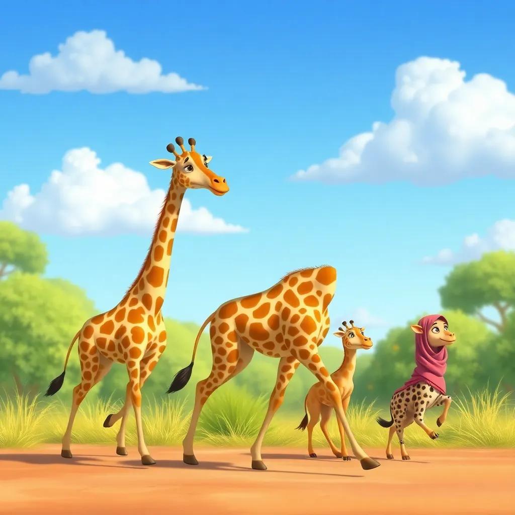 A giraffe walking gracefully with Sami and Leila following, under a blue sky with soft clouds, cheerfully inviting scene, illustration, engaging and colorful