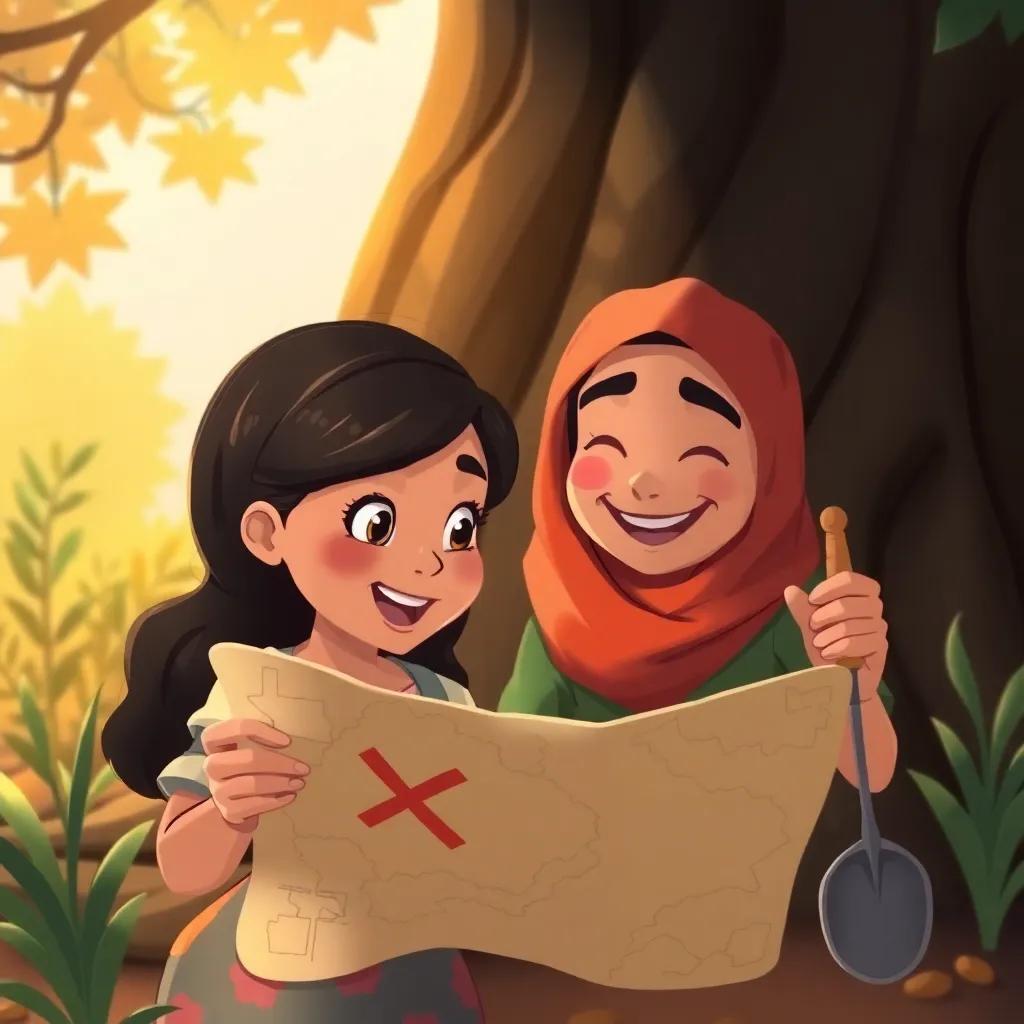 Leila looking at a treasure map excitedly, with an X marking a spot under a big tree, Sami smiling beside her while holding a small shovel, digital illustration, warm colors, adventurous