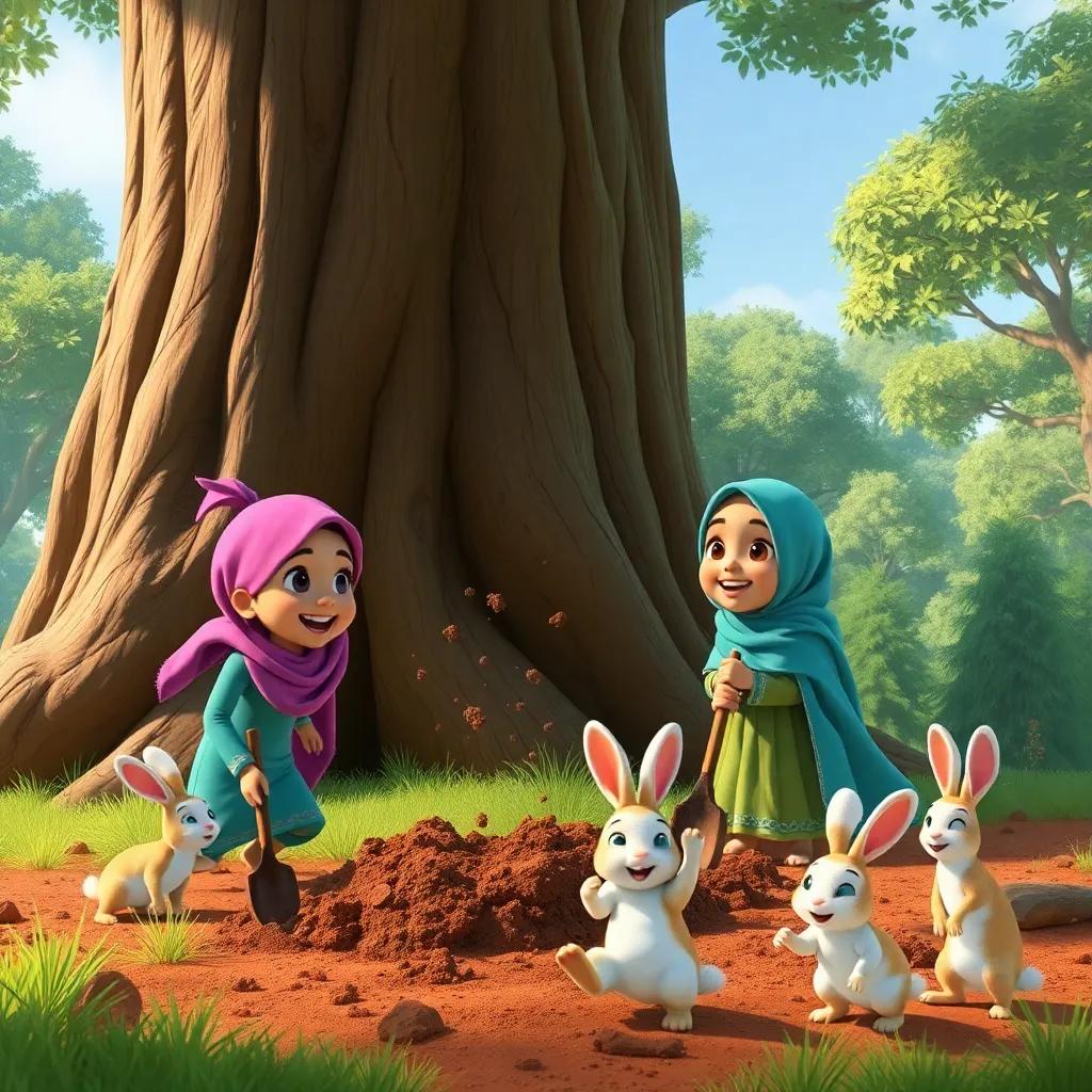 Sami and Leila digging excitedly near a giant tree, with dirt flying and smiles on their faces, playful rabbits watching curiously, fun and lively
