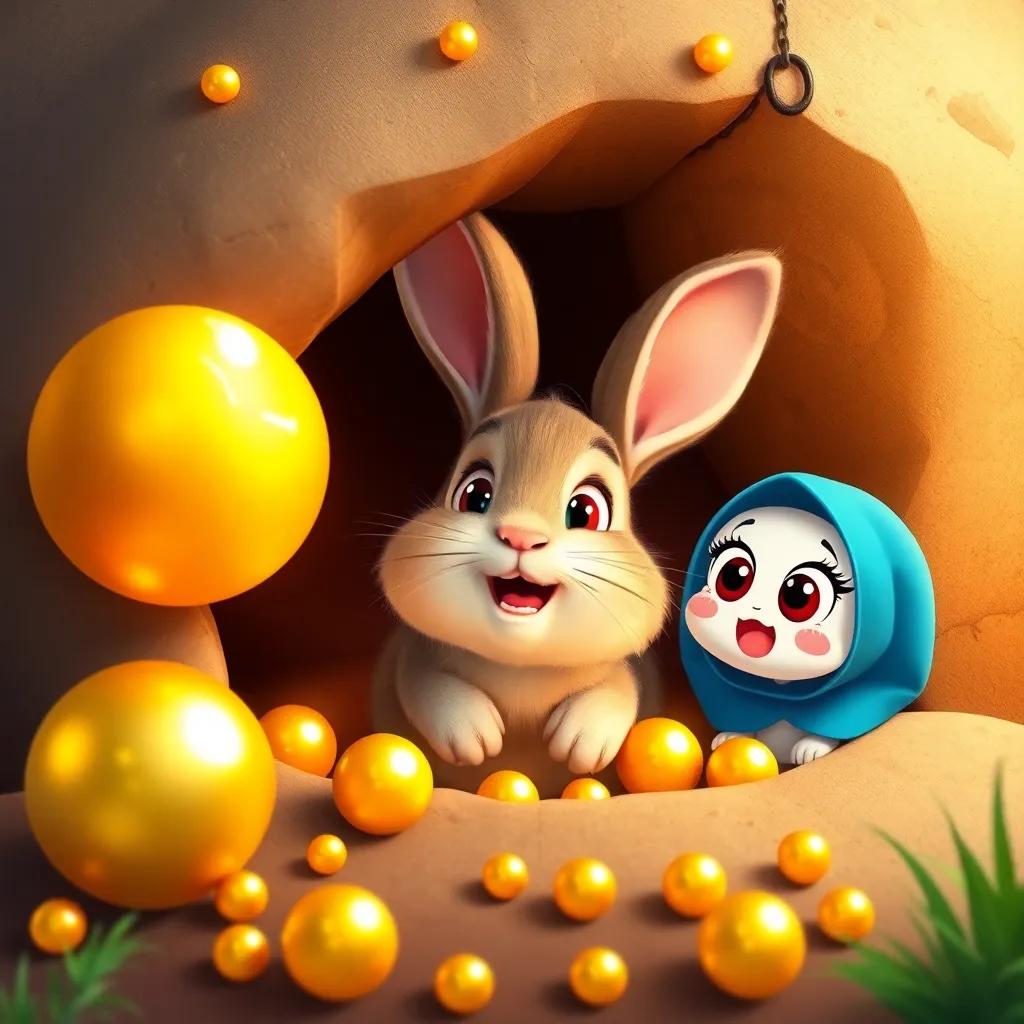A small rabbit peeking out from a hole, with golden shiny objects around it, Sami and Leila astonished, bright colors, cheerful and engaging, whimsical scene
