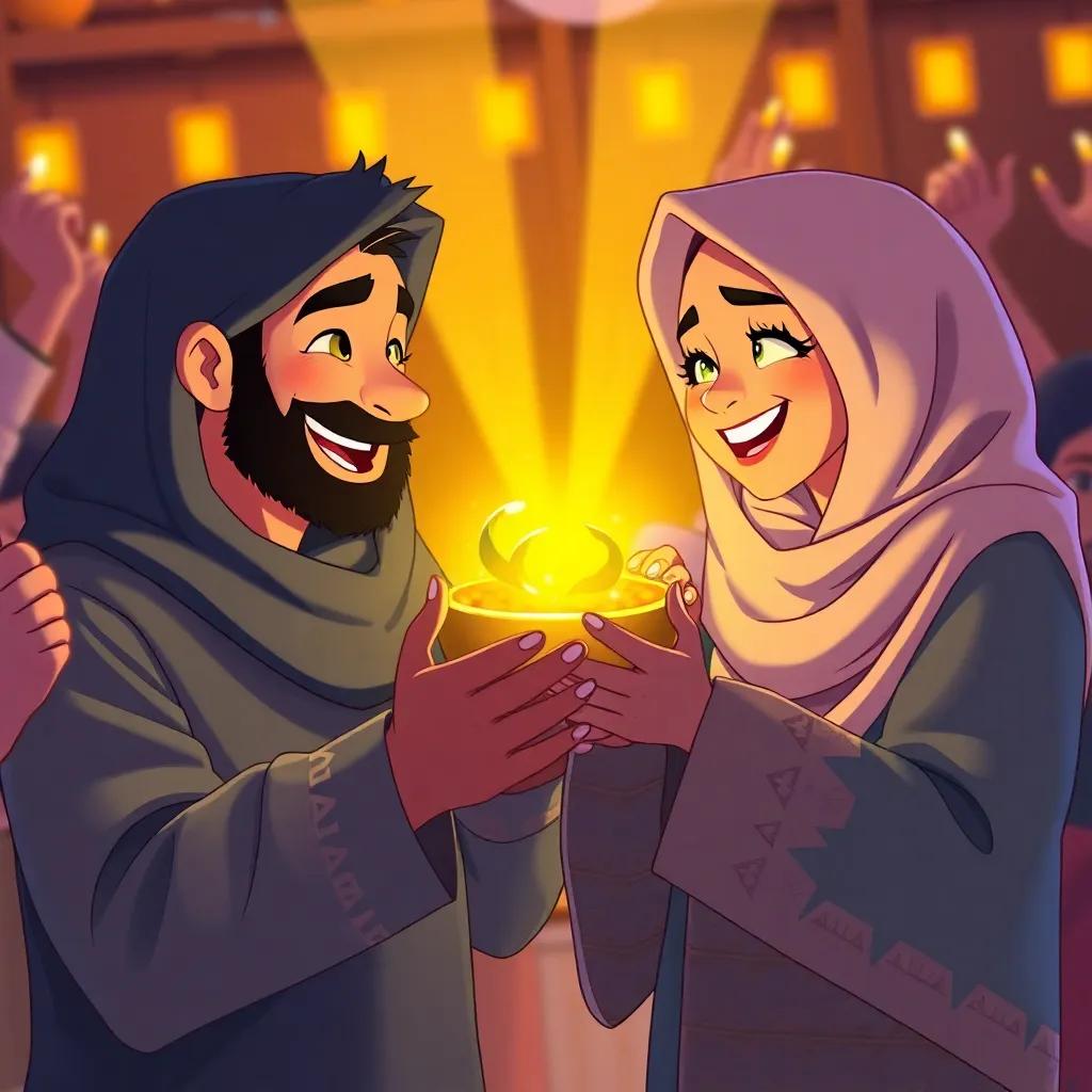 Sami and Leila celebrating with their treasure, a shiny piece of gold, surrounded by cheers and laughter, vivid colors, warm light, heartwarming