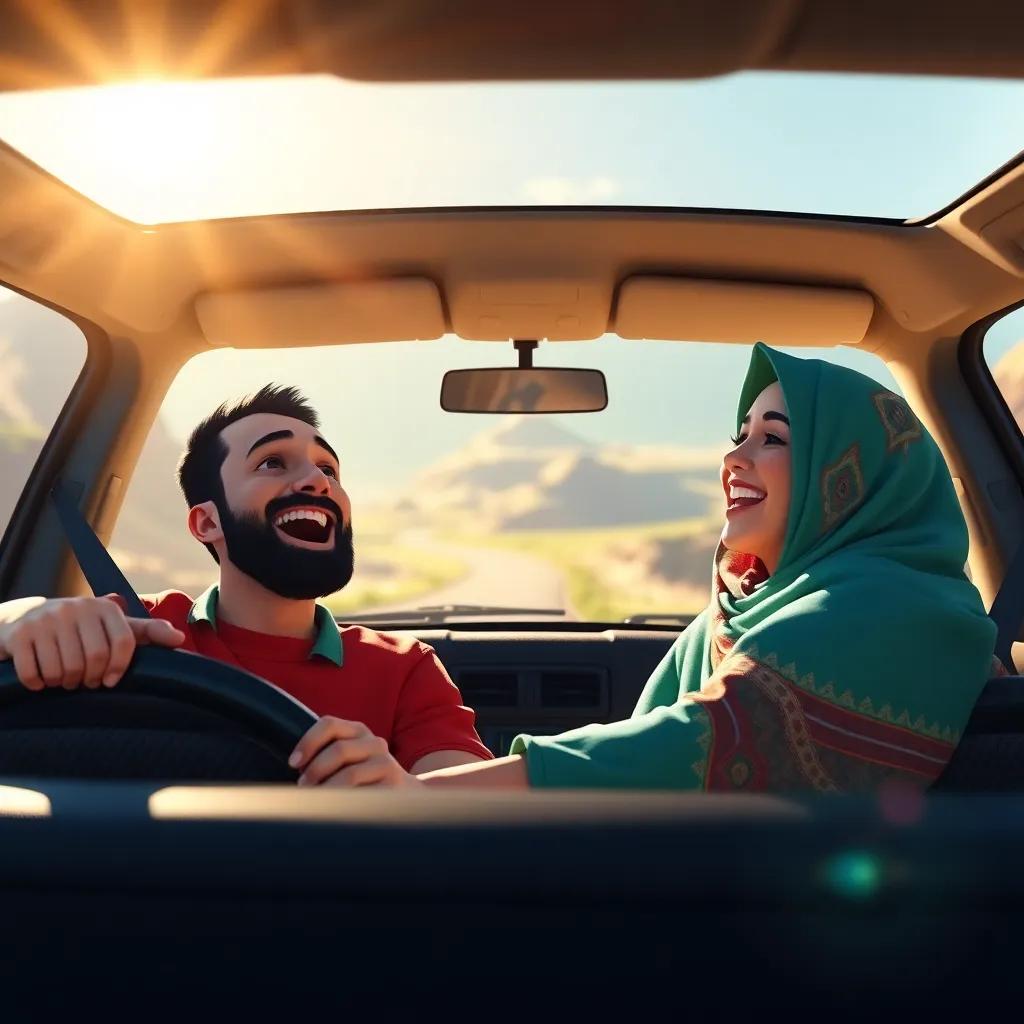 Sami and Leila driving back happily in their vehicle, singing joyfully with the scenery in the background, bright sunlight, colorful, happy and cheerful