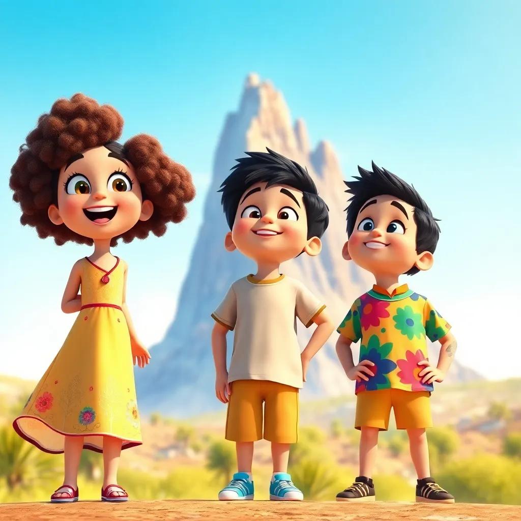 A group of three friends, Leila, a young Arab girl with curly hair wearing a bright dress, Faisal, a young Arab boy in a t-shirt and shorts, and Raed, a young Arab boy in a colorful shirt, looking excitedly toward a tall mountain under a clear blue sky, cheerful atmosphere, digital art, vibrant colors, captivating scene, child-friendly
