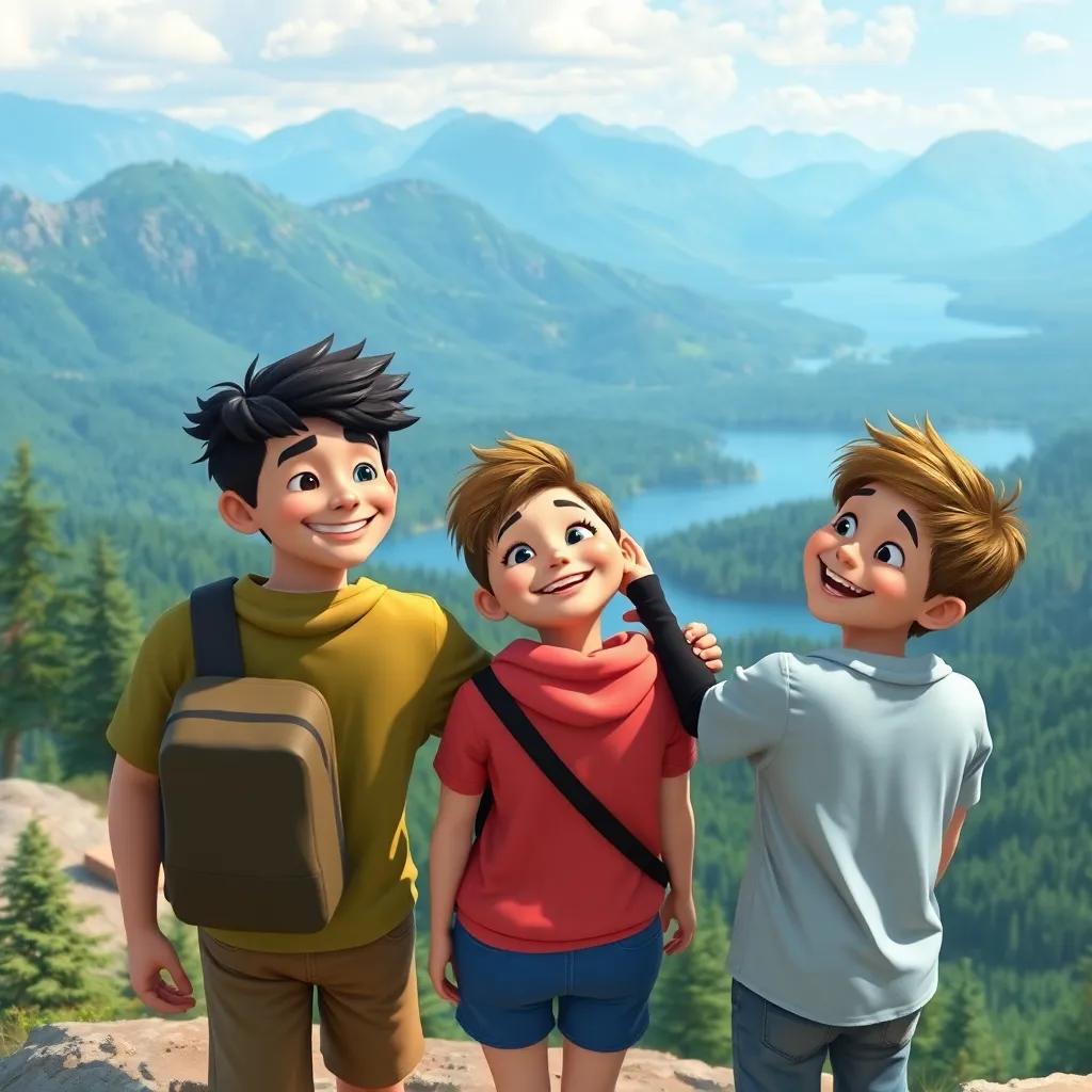 The three friends standing on top of a mountain, gazing at the beautiful view of green forests and blue lakes, with big smiles on their faces, a warm and friendly atmosphere, digital painting, colorful, uplifting, heartwarming