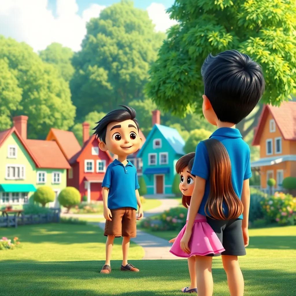 A small village with colorful houses and green trees, a boy named Sami with short black hair, wearing a blue shirt and shorts, standing in a park looking towards a girl named Layla, who has long brown hair and is wearing a pink dress, friendly atmosphere, sunny day, inviting scenery, digital art, vibrant colors, high quality