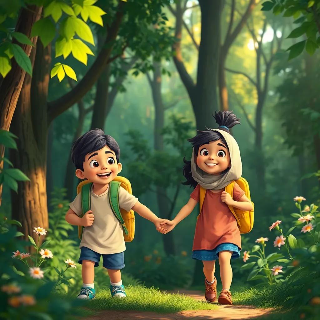 Sami and Layla, with joyful expressions, exploring a dense green forest, holding hands excitedly, their backpacks on, surrounded by trees and flowers, warm light filtering through the leaves, illustration, adventure-themed, child-friendly, cheerful