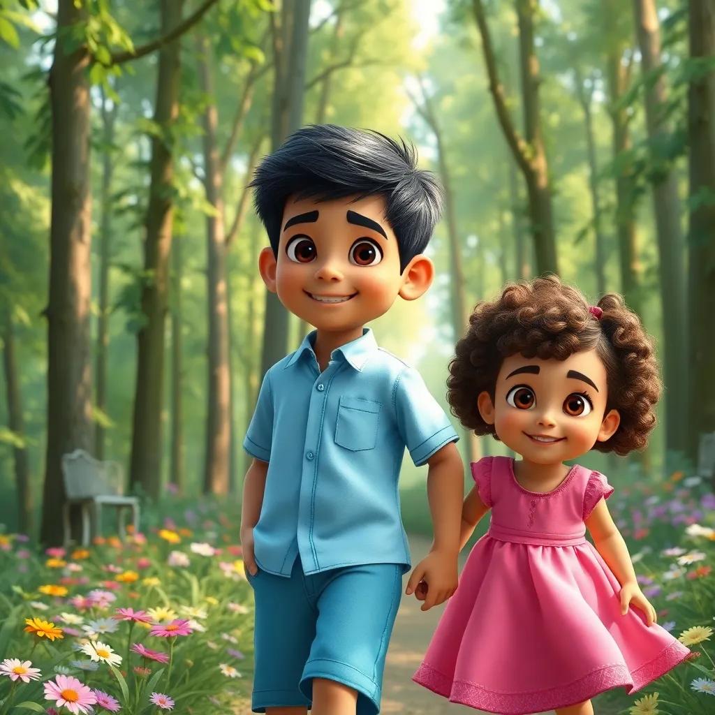A young Arab boy, Yusuf, with short black hair wearing a light blue shirt and shorts, leading his younger sister, Mariam, with curly brown hair in a pink dress, through a vibrant green forest filled with tall trees and colorful flowers, cheerful atmosphere, digital art, bright colors, playful feeling, high quality