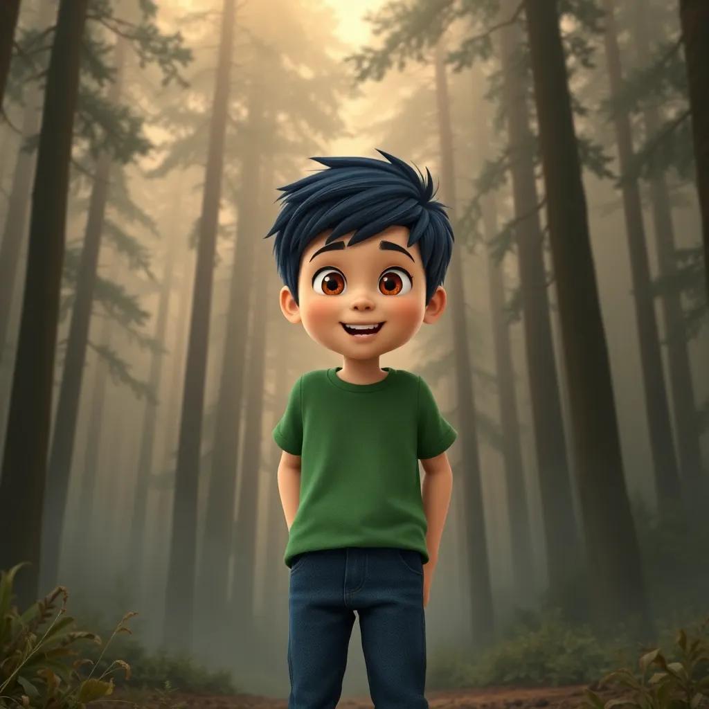 A brave young boy, Sami, with short black hair and wearing a green t-shirt and jeans, standing at the edge of a mysterious forest with tall trees and dense fog, excited expression, digital art, enchanting atmosphere, warm colors, adventure perspective, high quality