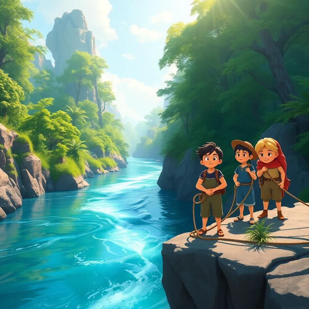 A scenic view of a deep river with Sami and his friends, standing on a rocky edge with ropes in their hands, looking determined, surrounded by lush greenery and sunlight filtering through the trees, vibrant colors, cheerful mood, detailed illustration, engaging adventure scene