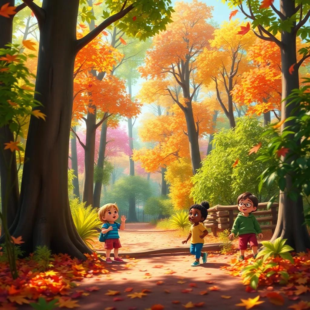 A small vibrant forest, with tall trees and colorful leaves falling, children looking excited, digital art, bright colors, sunny atmosphere, high quality