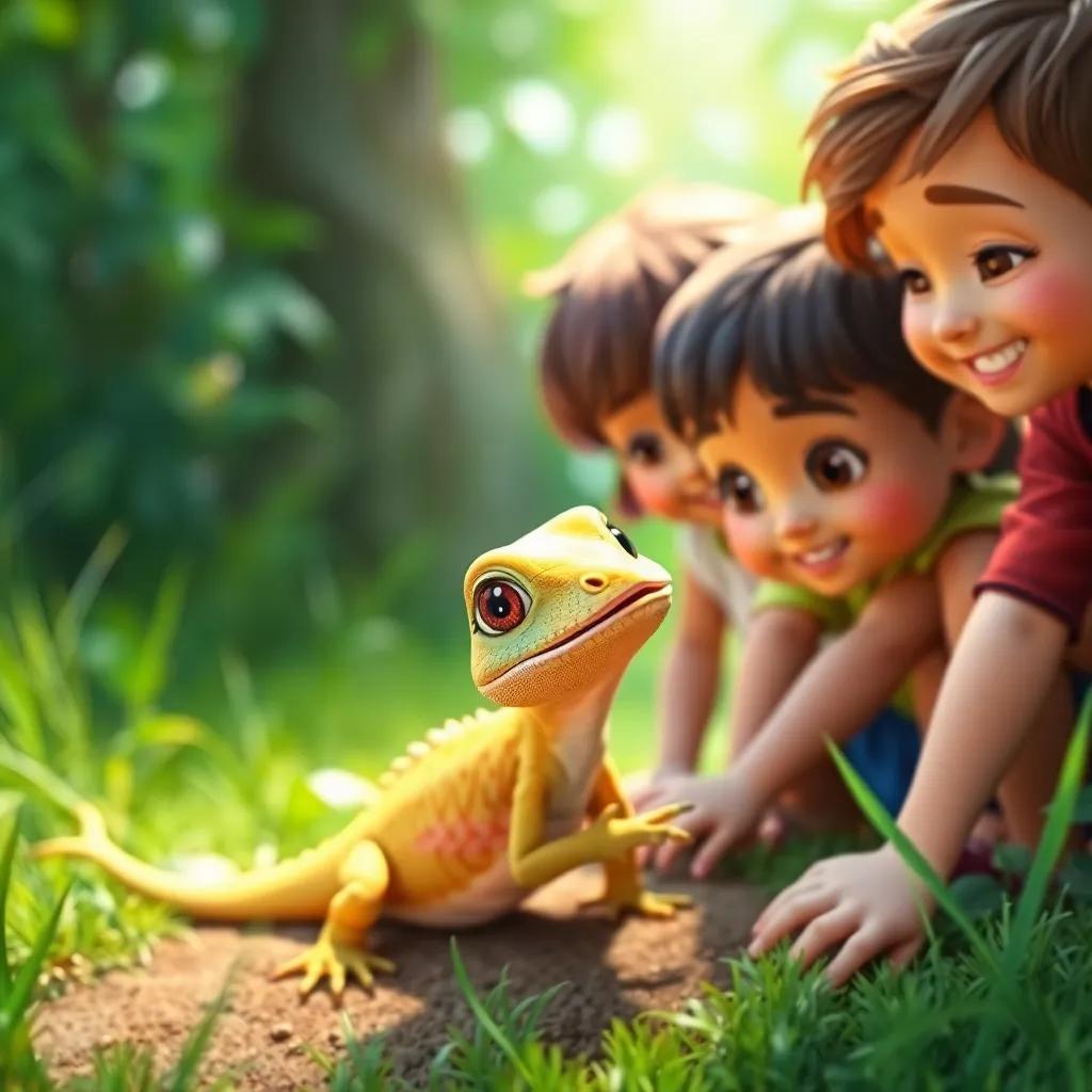 A small desert lizard looking curiously at a group of children, who are smiling and helping it, lush green background, cheerful scene, bright lighting, vivid colors