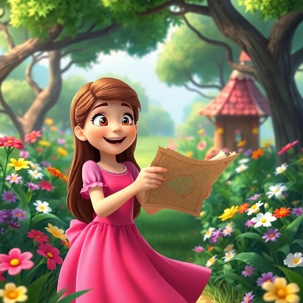 A girl, Mona, with long brown hair wearing a pink dress, looking excited while holding a treasure map in a green garden filled with flowers and trees, cheerful scenery, vibrant colors, high energy, fantasy