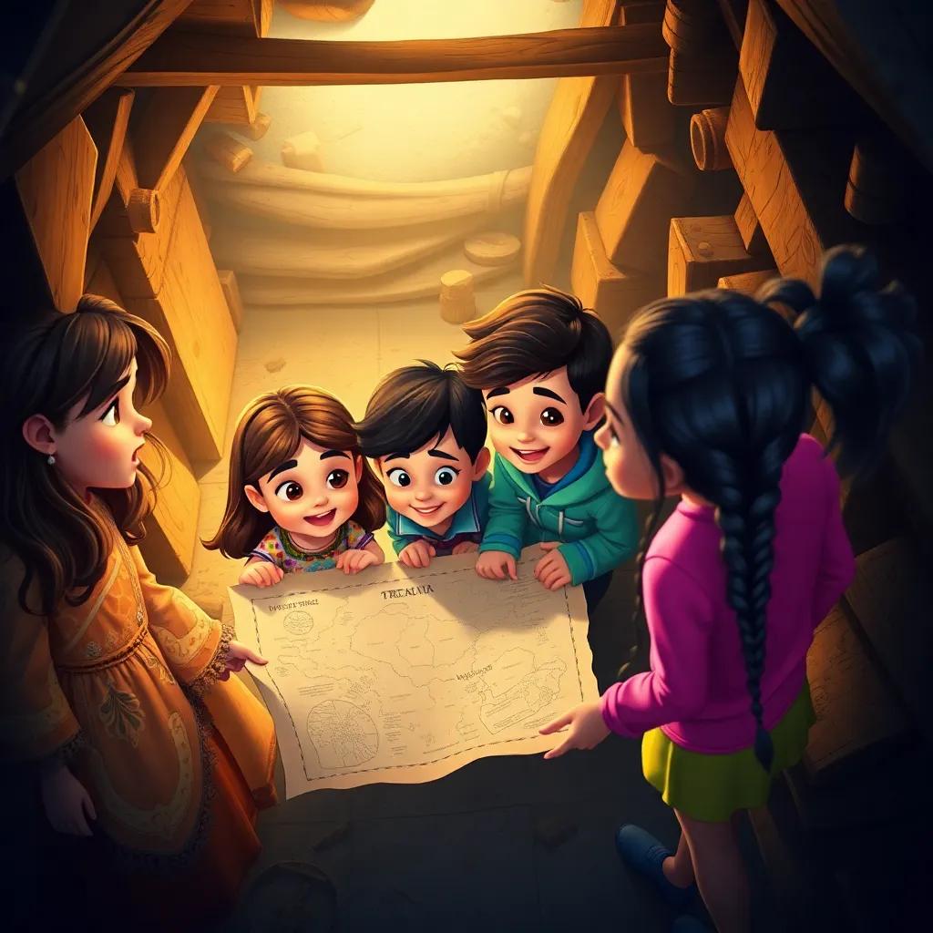 A group of children - Meryam, a girl with long brown hair wearing a colorful dress, Ali, a boy with short black hair wearing a blue shirt, Yusuf, a boy with curly hair wearing a green hoodie, and Sara, a girl with braid wearing a pink shirt, excitedly looking at an old treasure map in a dusty attic, warm lighting, vibrant colors, perspective from above, digital art, child-friendly