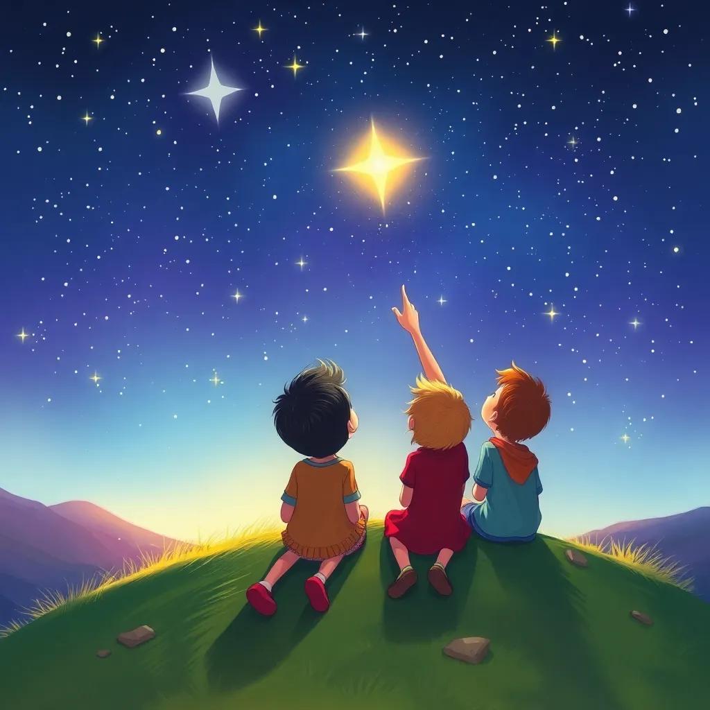 The children sitting on a hill looking up at a sky full of twinkling stars, with Meryam pointing at a glowing bright star, the scene vibrant and colorful with a magical atmosphere, digital painting, cheerful, fantasy