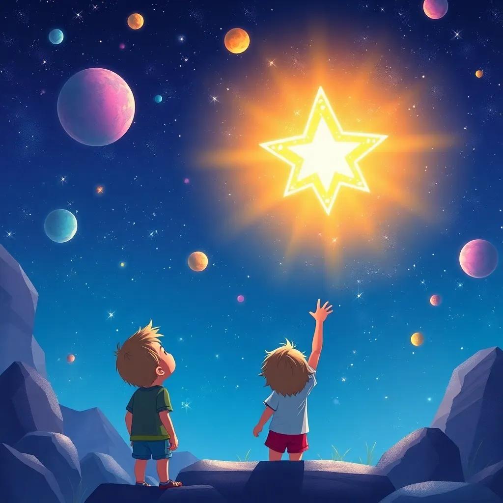 A shimmering star in the night sky above the children as they reach toward it, looking in awe, surrounded by colorful celestial bodies, illustration, adventurous, dreamy