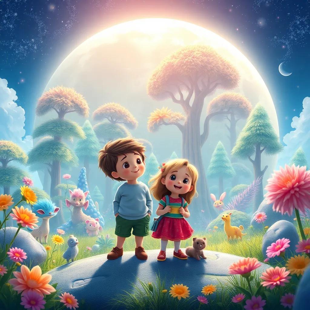 The children discovering a colorful forest on the moon, with unique creatures around them, vibrant flowers and magic in the air, bright light, delightful scenery, child-friendly digital art