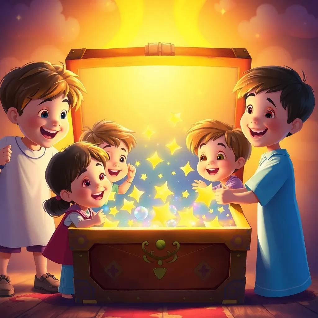 The children opening a treasure chest filled with stars and glowing dreams, surrounded by a warm light, expressions of joy and wonder on their faces, fantasy art, colorful, uplifting