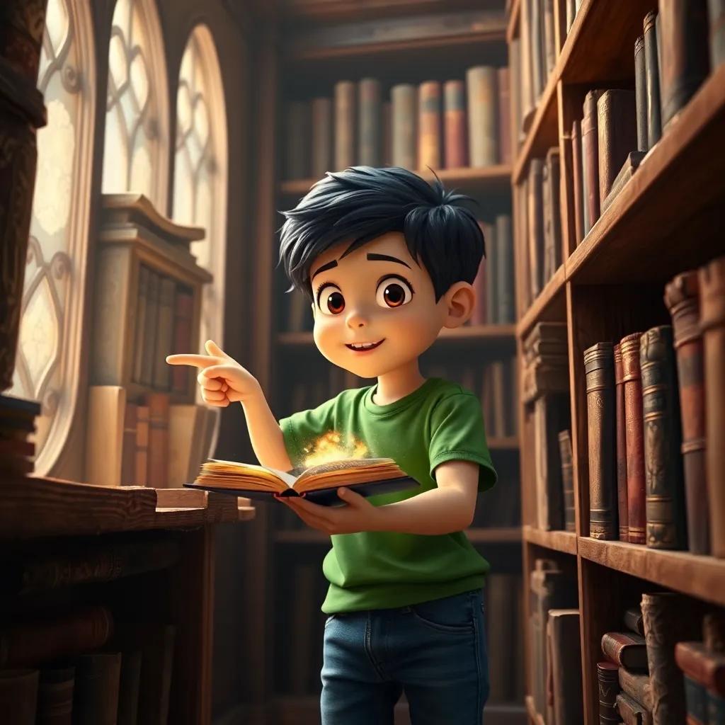 A young boy, Ali, with short black hair wearing a green t-shirt and jeans, looking excited as he points to a magical book on an ancient wooden shelf, surrounded by dusty books, vibrant light, engaging perspective, high quality