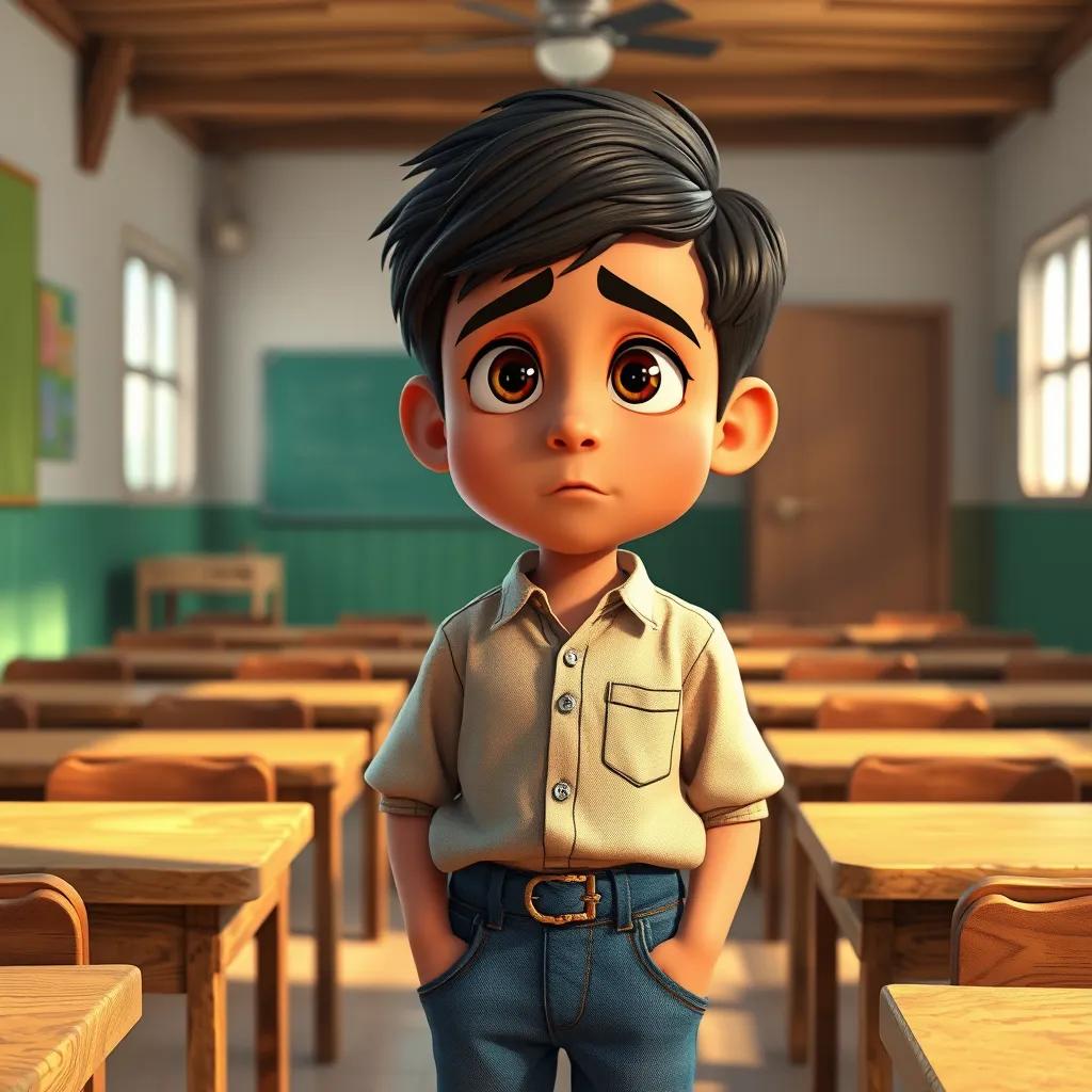 A young Arab boy, Bara, with short dark hair, wearing a simple shirt and jeans, looking worried in a small village school classroom, digital art, vibrant colors, warm lighting, child-friendly atmosphere, high quality