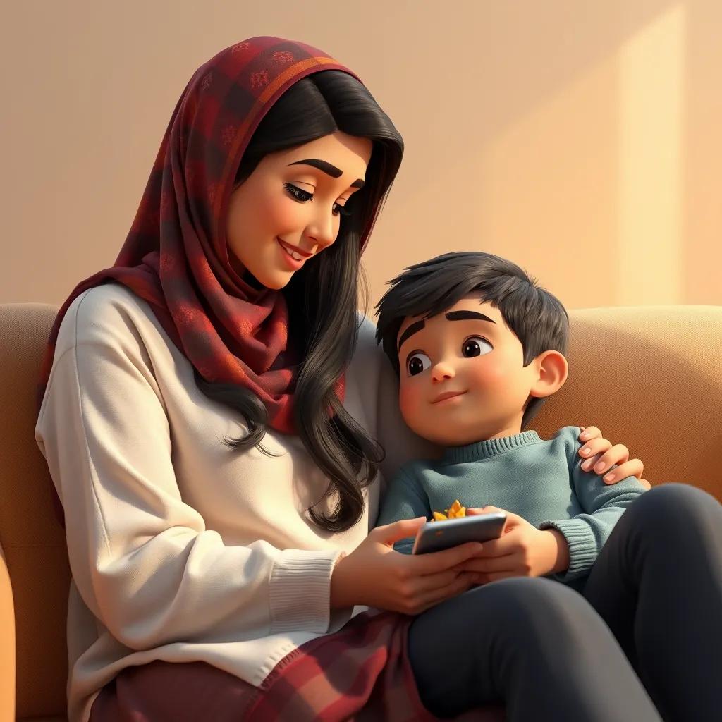 A young Arab mother, with long dark hair wearing a colorful hijab, sitting on a cozy sofa, speaking to her son about hidden treasures, warm light, inviting colors, heartwarming, storytelling angle