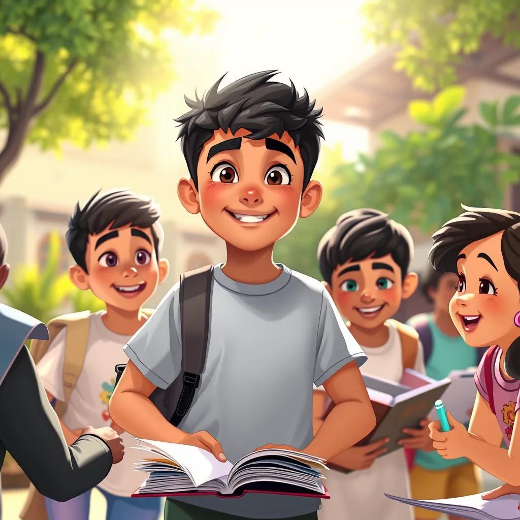 A young Arab boy, Bara, with short dark hair, confidently helping his friends with homework in a sunlit schoolyard, joyful expressions, vibrant colors, bright outdoor light, community atmosphere, happy