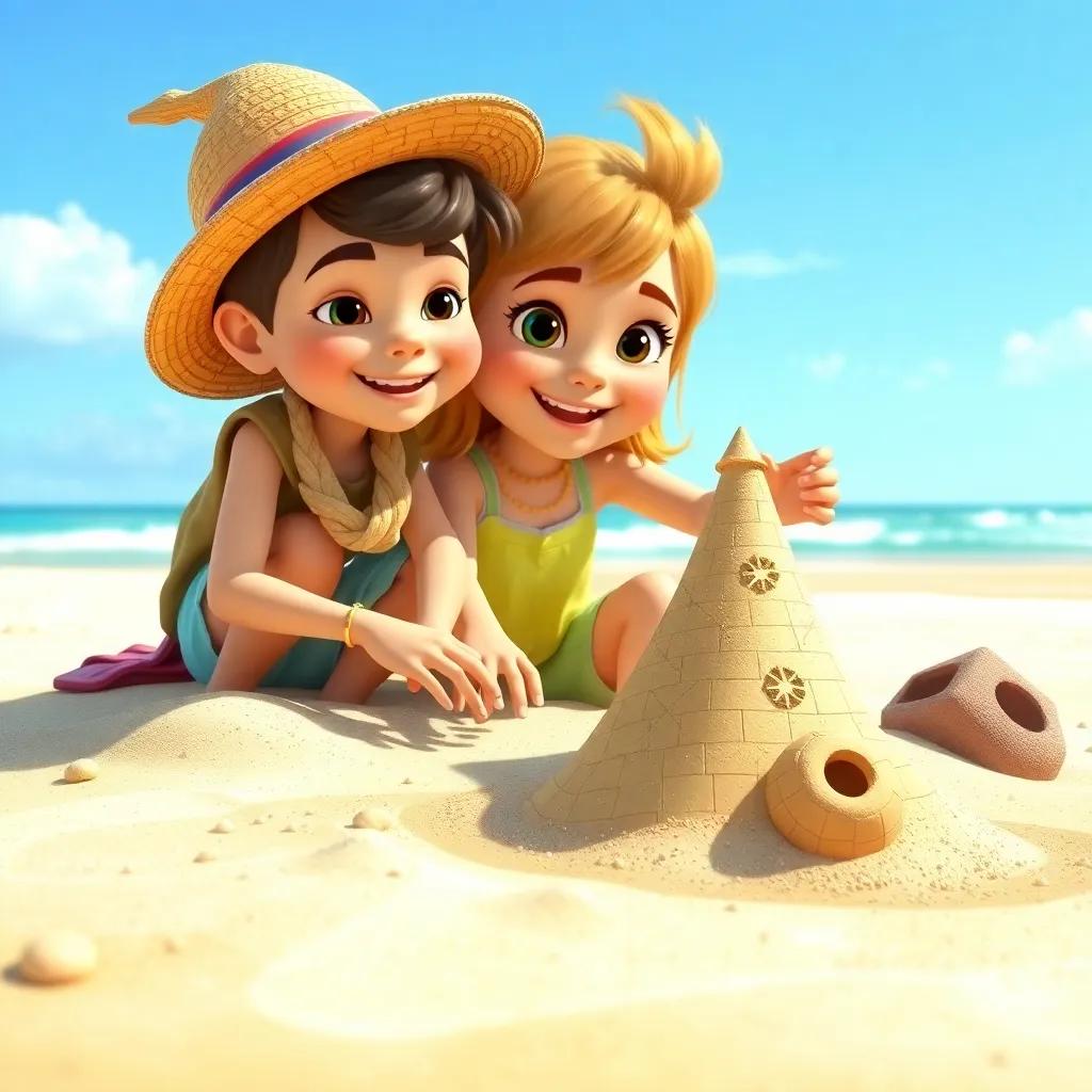 A sunny beach with two children, Ali and Sarah, building a sandcastle and finding a shiny treasure map among the sand, digital art, bright colors, cheerful atmosphere, high quality