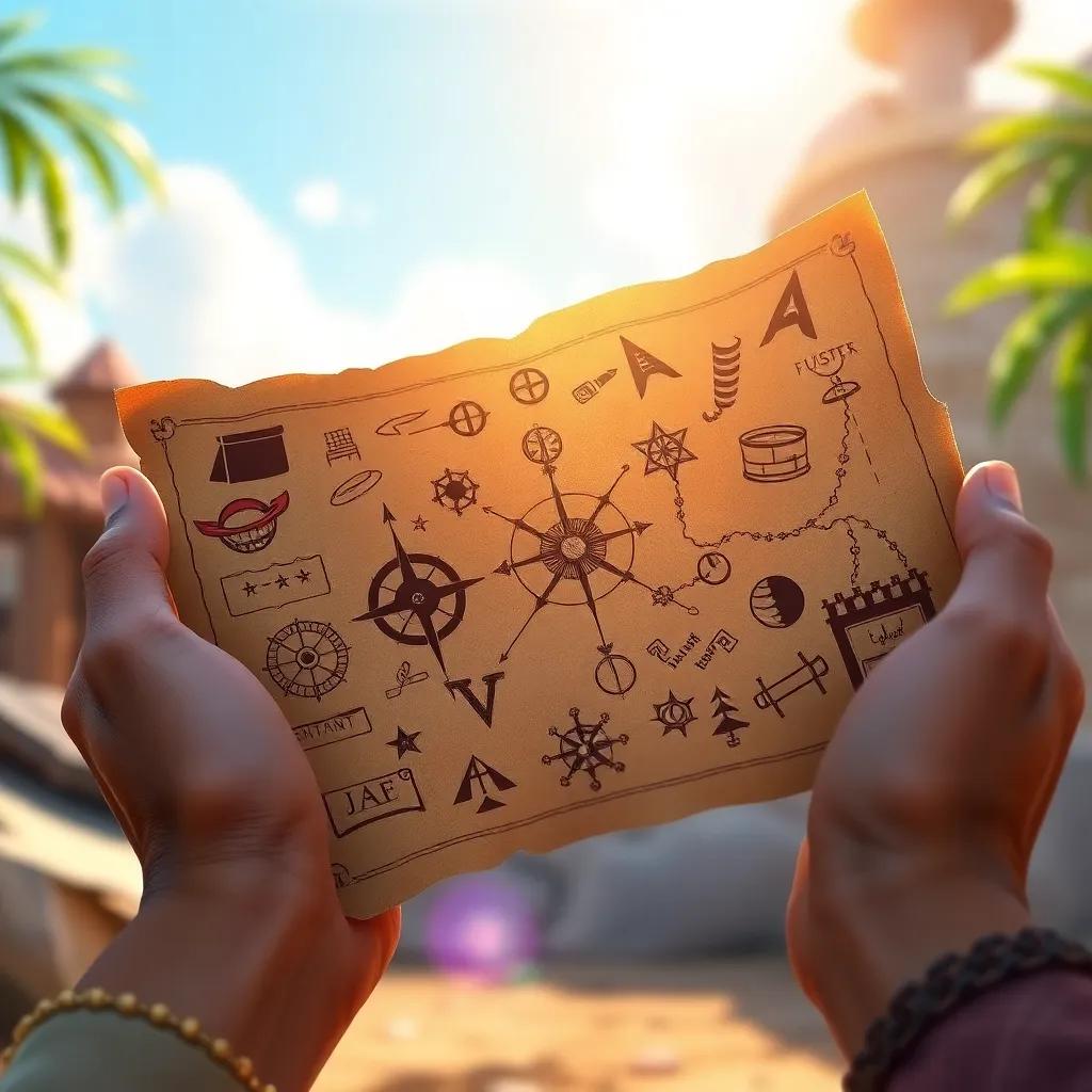 A close-up of the treasure map with strange drawings and symbols in the hands of Ali and Sarah, shimmering in the sunlight, illustration, colorful, inviting, clear details