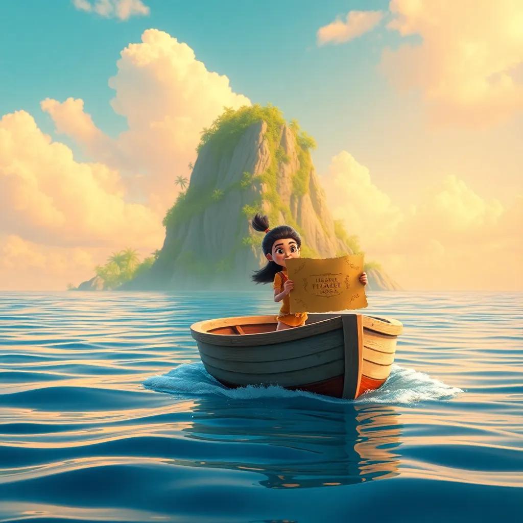 A small boat floating on the sea, with Ali and Sarah excitedly holding the treasure map, heading toward a beautiful lush island, digital art, vibrant scenery, adventurous mood