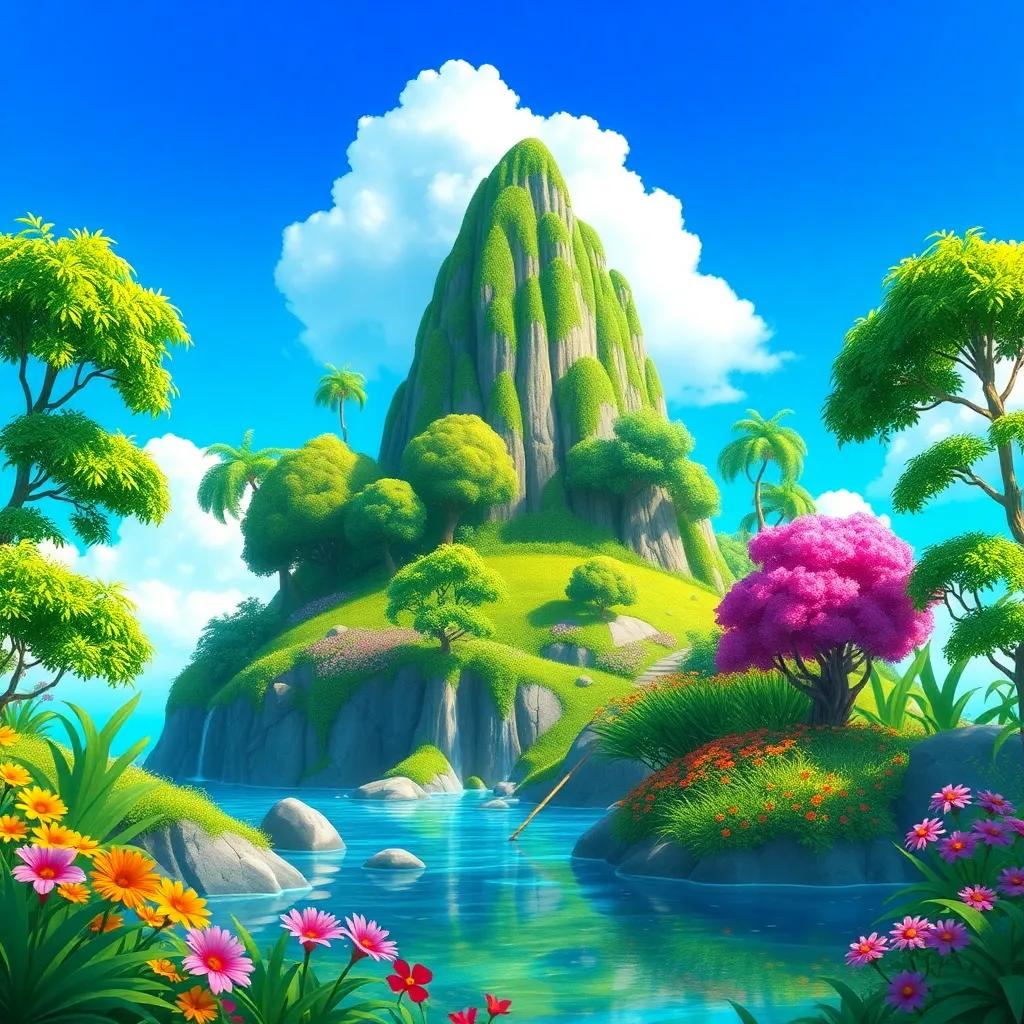 The vibrant lush island with tall green trees and colorful flowers, under a bright blue sky, illustration, cheerful, appealing, high quality