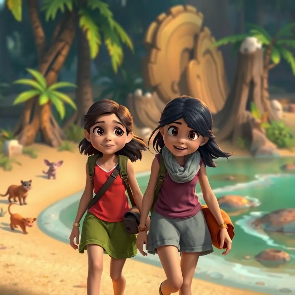 Ali and Sarah walking through the island, hearing strange sounds of animals in the background, digital art, lively colors, curious atmosphere