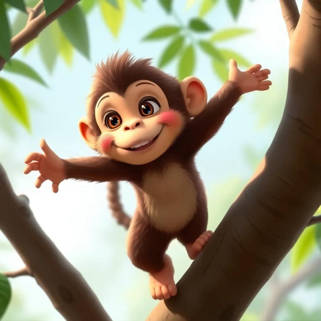 A small monkey with a friendly expression jumping from tree to tree, looking at Ali and Sarah, digital painting, playful, bright colors, detail-oriented, engaging