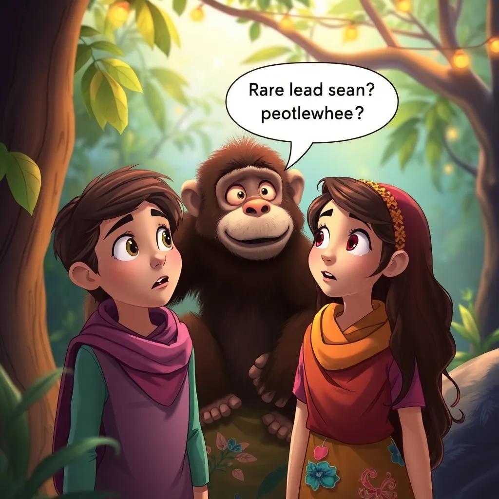Ali and Sarah with a surprised look as they listen to the monkey asking if they are looking for the golden tree, illustration, vibrant colors, inviting ambiance