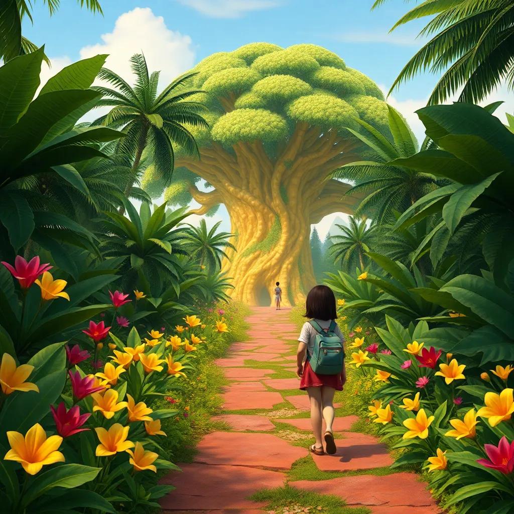 The exploration path that Ali and Sarah follow towards the giant golden tree, filled with tropical plants and flowers, digital art, nature-focused, detailed, inviting