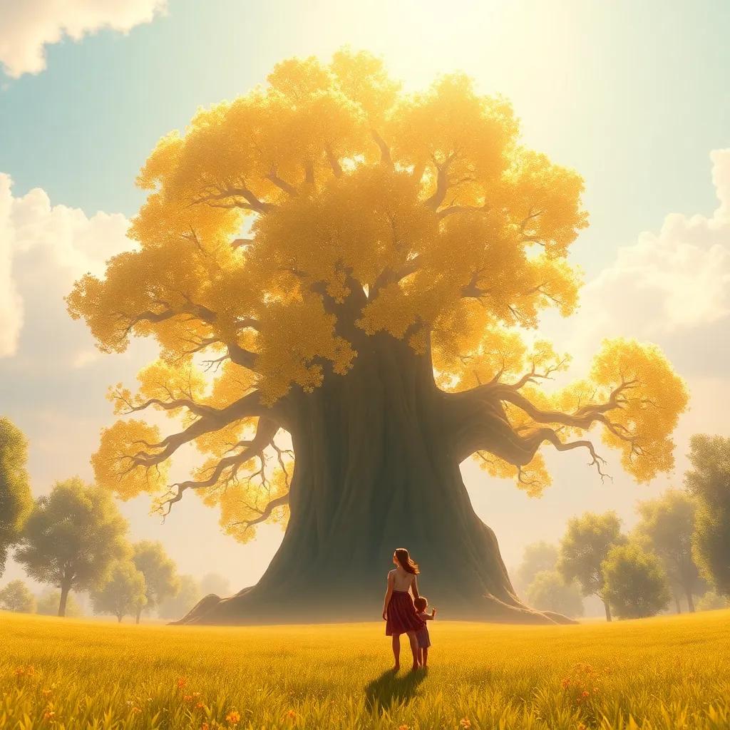 The stunning giant golden tree sparkling in the sunlight, with Ali and Sarah in awe, digital painting, ethereal, bright, detailed, magical