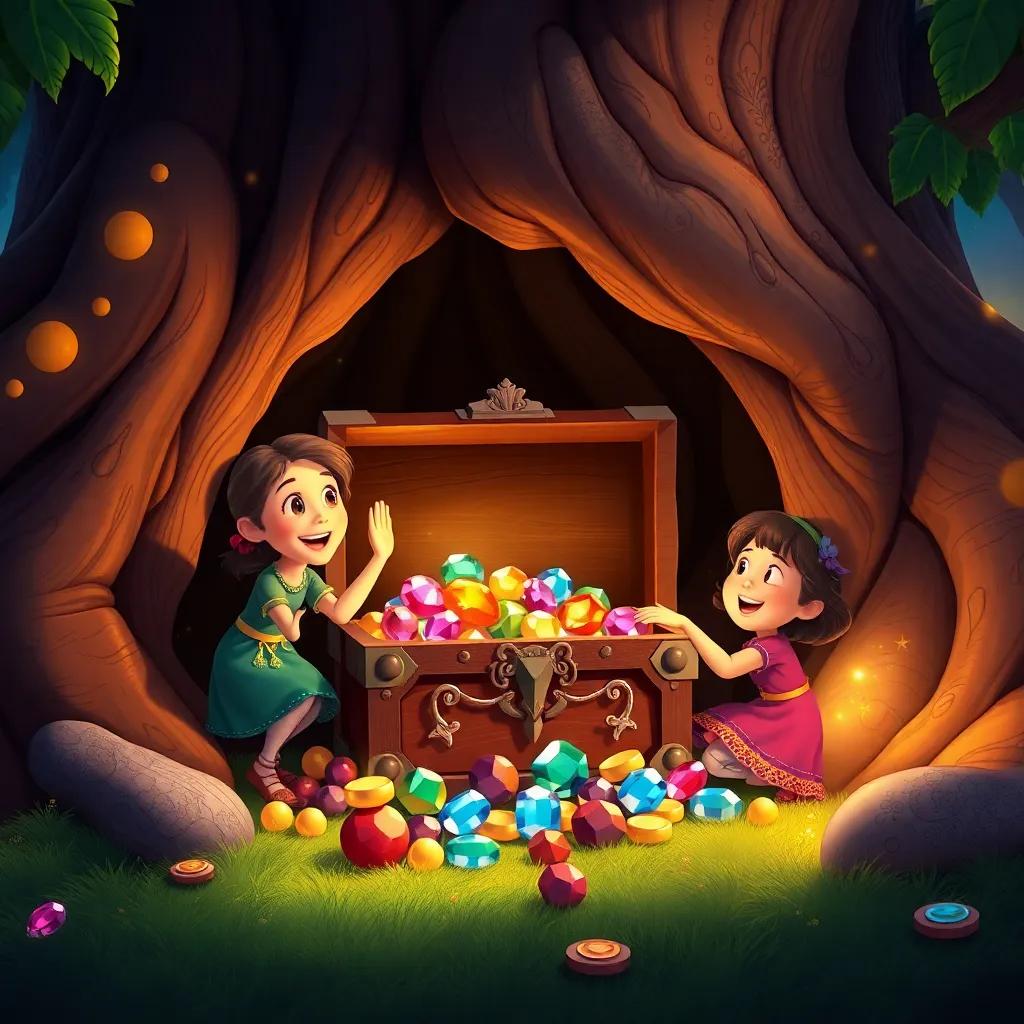 Ali and Sarah joyfully discovering a treasure chest full of jewels and gold inside the giant tree, celebratory atmosphere, colorful, joyful, detail-oriented