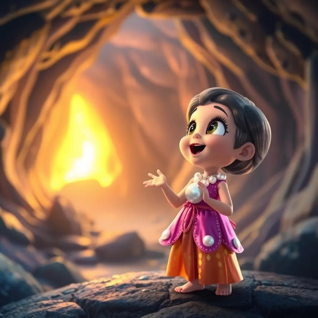 A small pearl, Fatim, with shiny pearl-like skin, wearing a colorful dress, excitedly looking at a large cave shining with mysterious light, digital art, vibrant colors, magical atmosphere, cheerful and adventurous scene