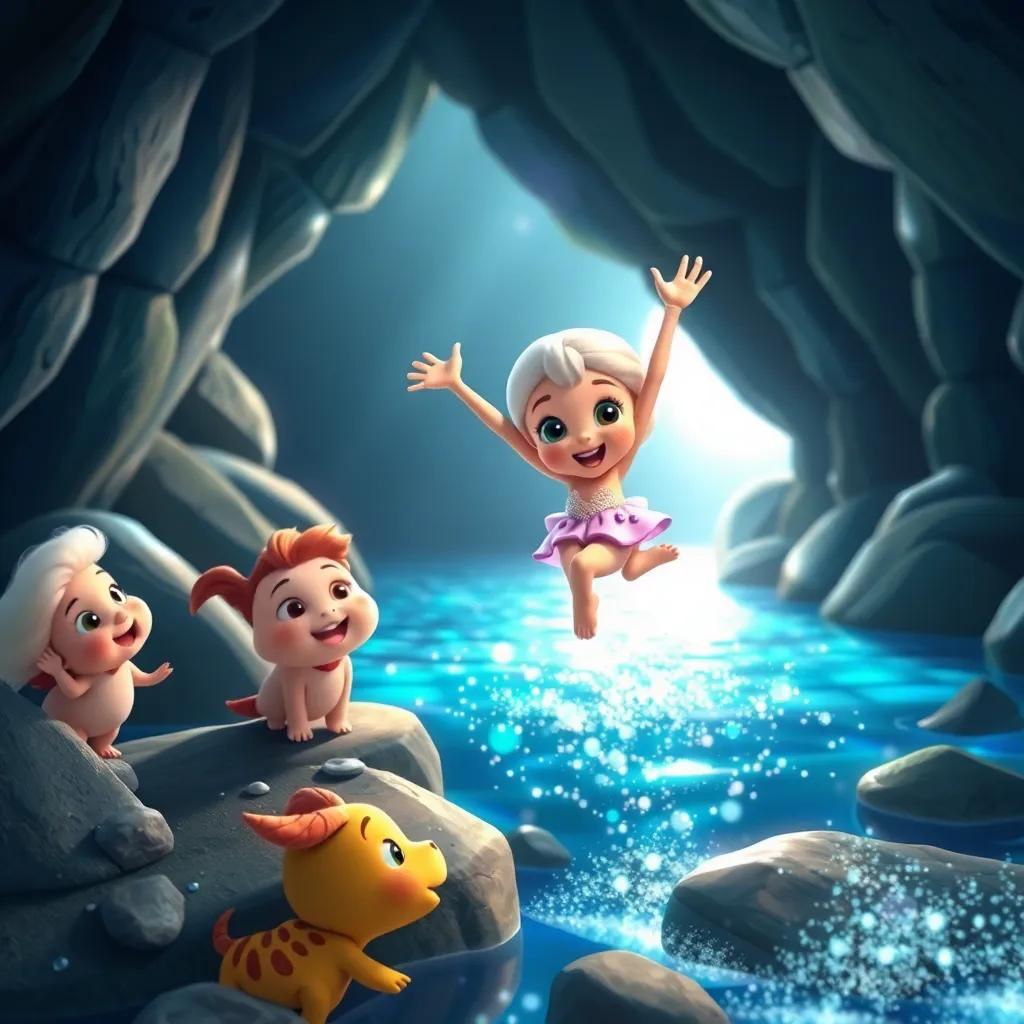 Fatim, a small pearl with shiny skin, bravely jumping over a sparkling river inside the cave, surrounded by her friends who look amazed, colorful, joyful, light reflecting from the water, high quality