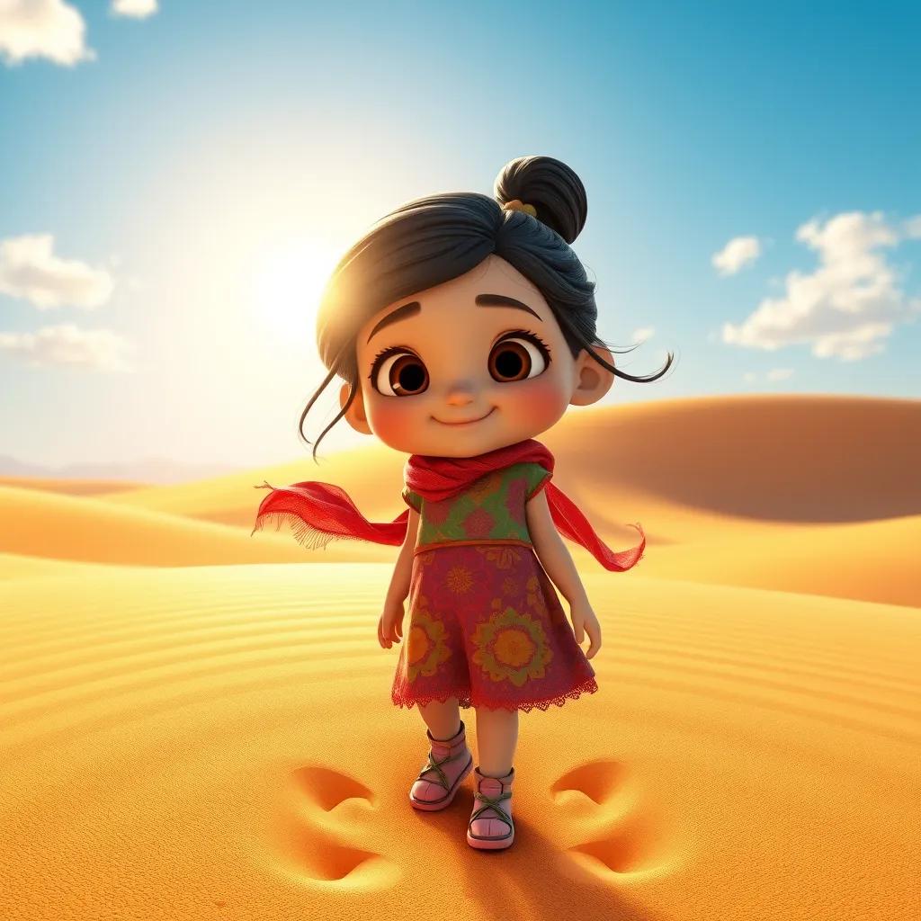 A little girl named Nora exploring the bright desert under the sun, wearing a colorful dress and a scarf, with golden sands and blue skies in the background, digital art, vibrant colors, cheerful atmosphere, high quality, model version 5
