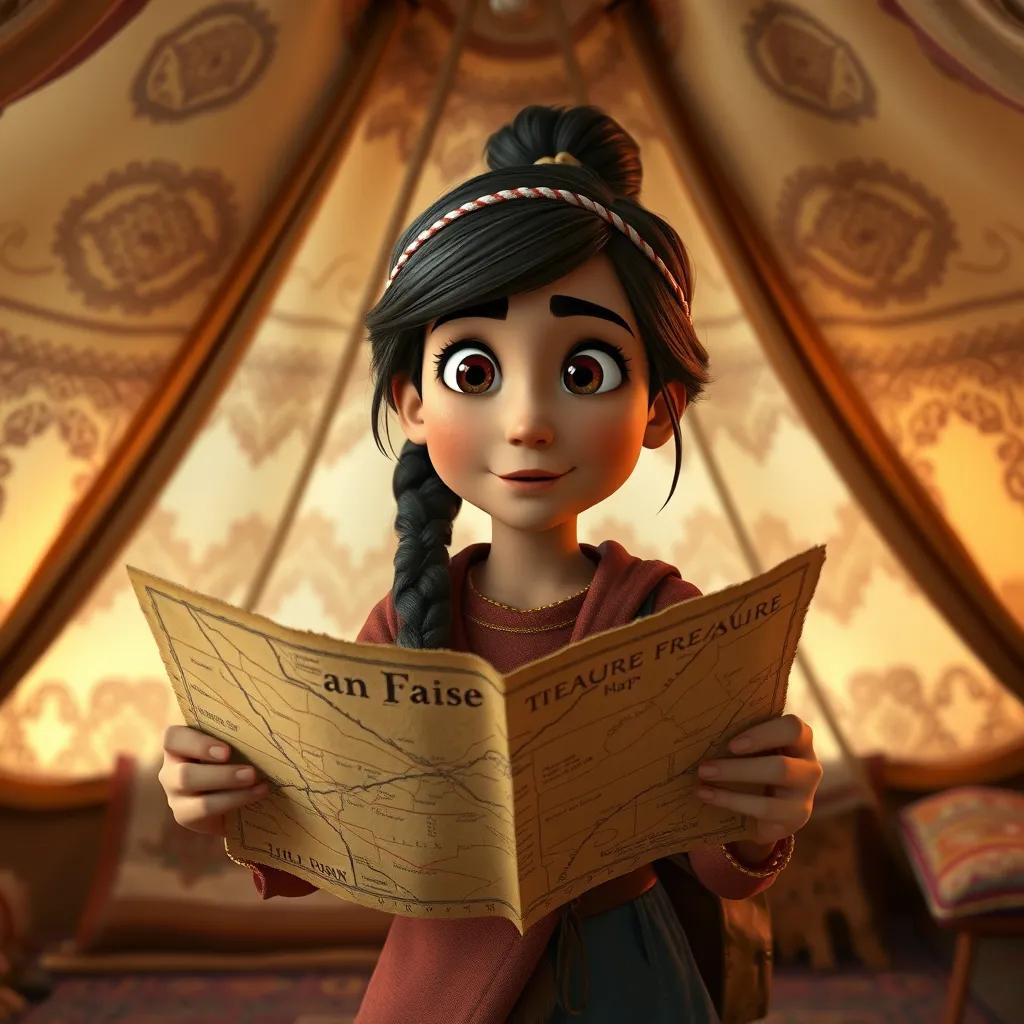 Nora holding an old treasure map, looking curious and excited, inside a traditional family tent with intricate patterns, warm lighting, soft colors, detailed interior, high quality, model version 5