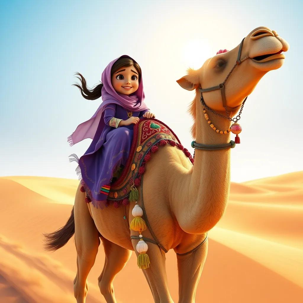 Nora riding a friendly camel through the sandy dunes, the camel adorned with beautiful decorations, sunny day, clear blue sky, joyful expression on Nora's face, colorful desert landscape, high quality, model version 5
