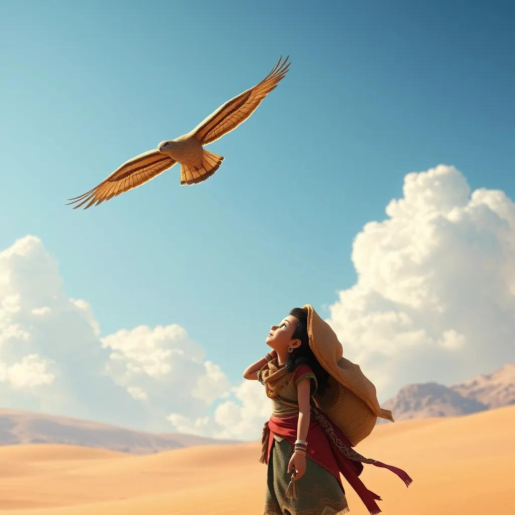 Nora with a majestic falcon flying above her, showing the path from the sky, Nora looking up in awe, golden desert sands around her, bright day with fluffy clouds, high quality, model version 5