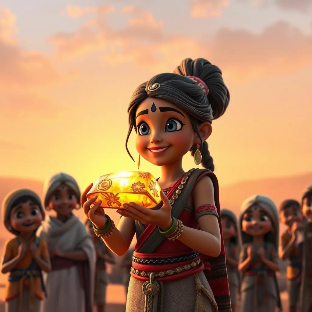 Nora proudly presenting a shimmering piece of treasure to her village, joyful villagers around her, depicted smiling and grateful, desert background at sunset with warm golden hues, high quality, model version 5