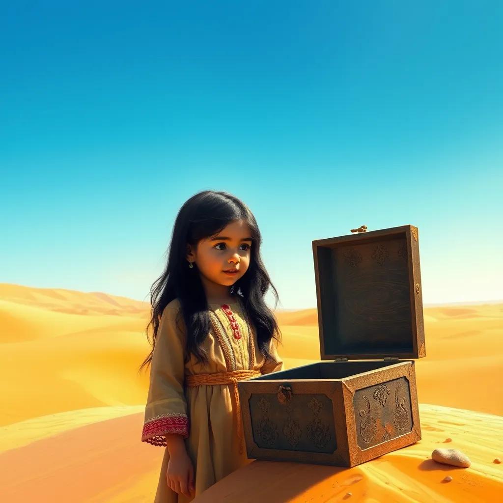 A little girl named Nour, about 8 years old, with long black hair, wearing a traditional Arabian dress in desert colors, standing in a large, golden desert under a bright blue sky, looking excitedly at an old treasure box. The scene is warm and inviting, digital art, hyperrealistic, sunny daylight.