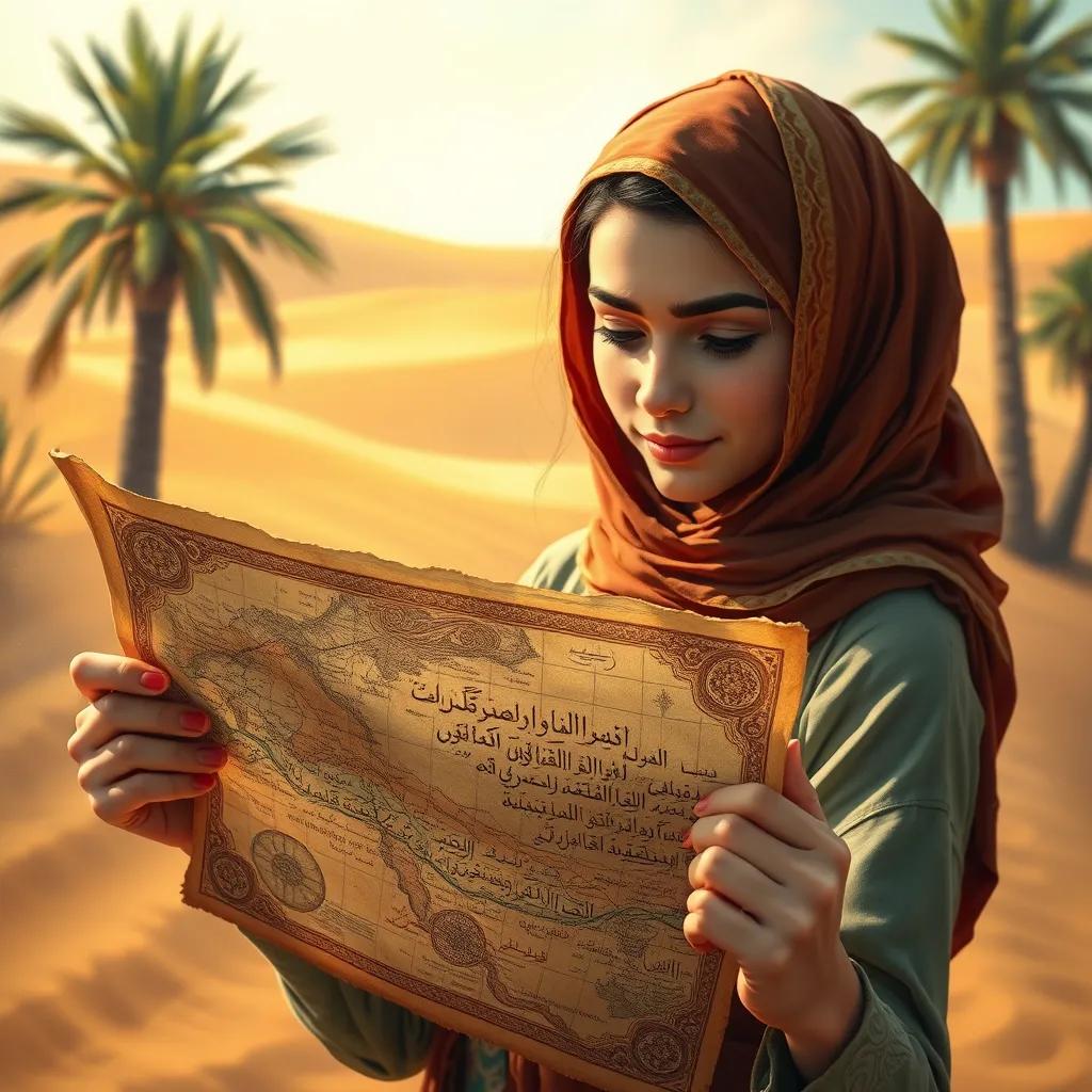 Nour holding an ancient map with beautiful Arabic writing, focused on her map, surrounded by sand dunes and palm trees, showing her curiosity and determination. The light highlights the texture of the map, creating a magical feel, digital art, highly detailed.