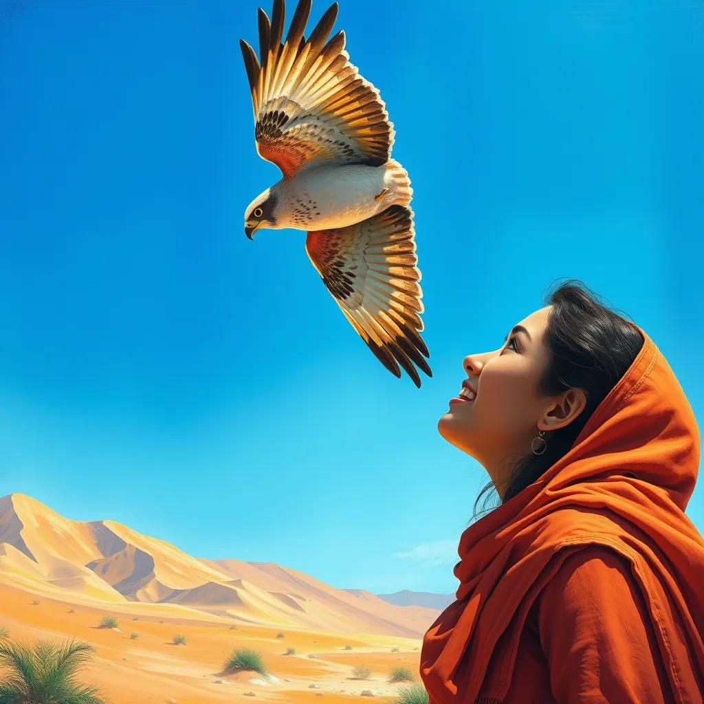 Nour gazing up at a majestic falcon soaring in the clear blue sky, the falcon is detailed with beautiful feather textures, while Nour looks delighted and inspired, desert landscape in the background, bright sunlight, digital art, sharp focus.