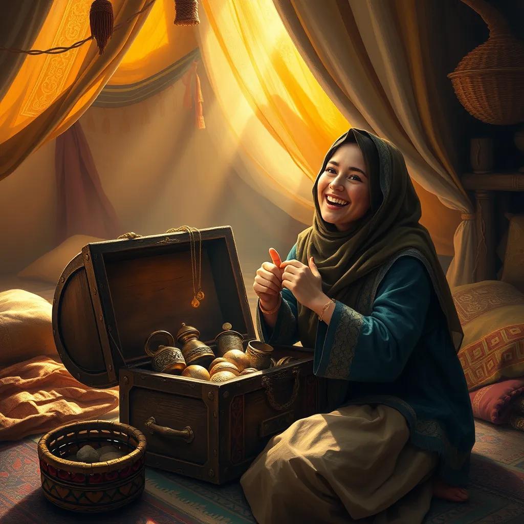 Nour joyfully opening a treasure chest filled with ancient items and a piece of golden jewelry, inside a traditional Arabian home. The room is decorated with rich fabrics and warm light streaming through the tent, creating a cozy atmosphere, digital art, ultra-realistic.